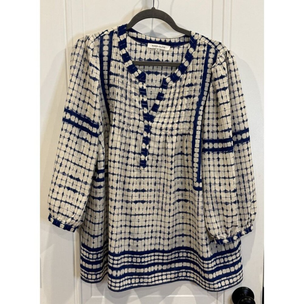 Rose & Olive Boho Pesant Top Blue & White Sheer EUC 1xl